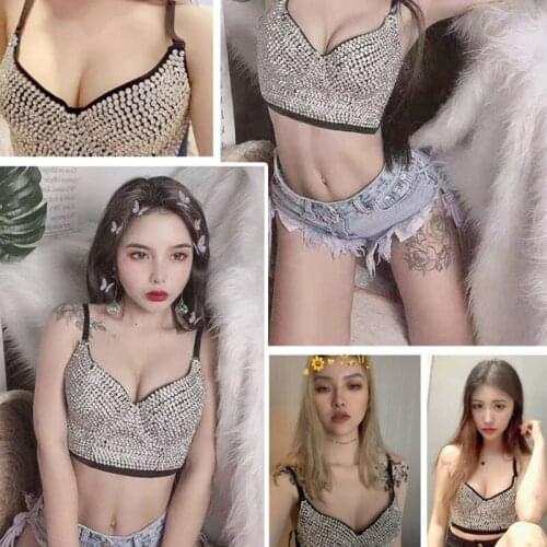 Women Glitter Diamond Rhinestone Push Up Bra Bustier Underwire Padded Spaghetti Strap Camisole Nightclub Sexy Punk Corset Crop T