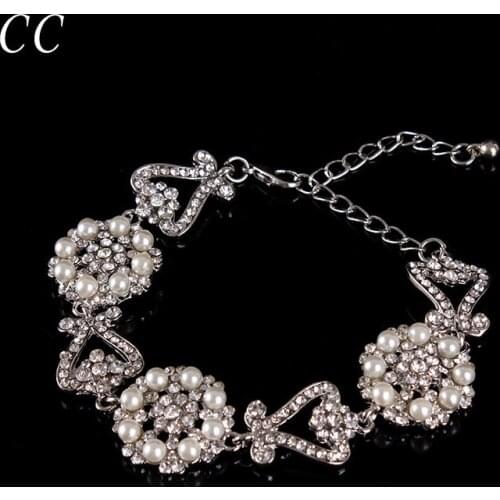 Beautiful Flower Austrian Crystal Bracelet For Brides Fashion Jewelry Simulated Pearl Bracelets for Women Wedding Bijoux E001