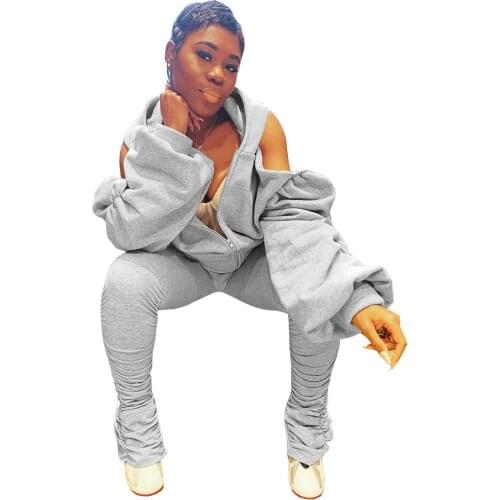 Women Clothing Set Open Back Hooded Puff Sleeve Tops Stacked Slit Pants Suit Active Wear Tracksuit Two Piece Set Fitness Outfits