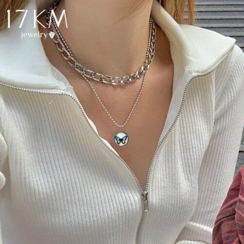 Korean Multilayer Butterfly Coin Pendant Necklace For Women Gold Silver Color Thick Chain Necklaces 2021 Trend Jewelry