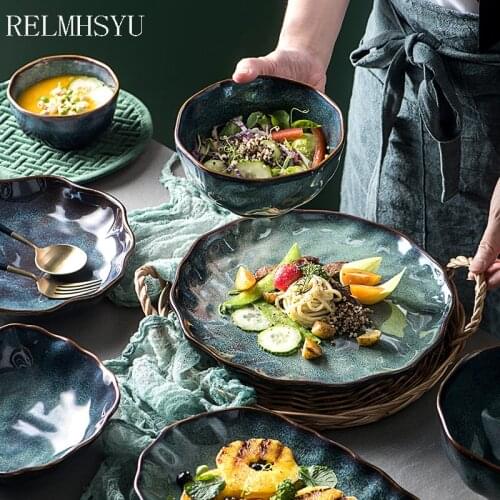 1PC RELMHSYU Nordic Style Ceramic Kiln Retro Fish Steak Plate Soup Rice Instant Dinner Bowl Dish Restaurant Hotel Tableware