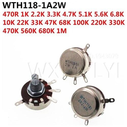 2PCS WTH118 2W 1A Potentiometer 1K 2.2K 4.7K 10K 22K 47K 100K 470K 1M WTH118-2W Round Shaft Carbon Rotary Taper Potentiometer