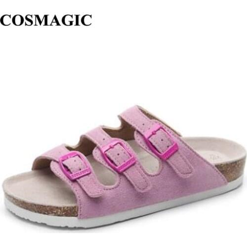 COSMAGIC 2020 New Summer Beach Cork Slippers Casual Women Buckle Nubuck Leather Slip on Slides Shoe