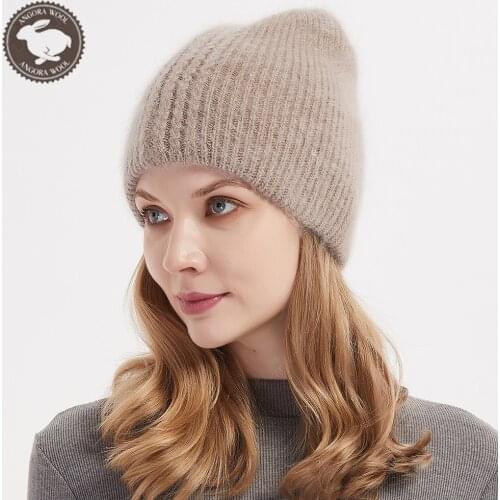 Angora Rabbit Fur Hat for Women Winter Warm Fur Knit Beanie Hats with Cat Ears for Girls