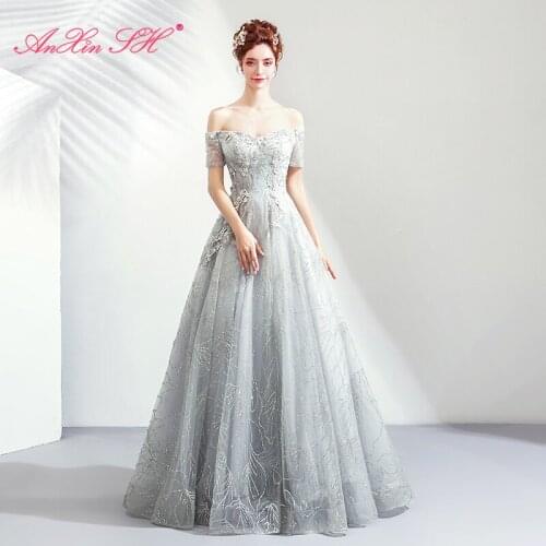 AXJFU princess grey lace long evening dress luxury vintage boat neck grey lace up beading pearls flower evening dress 7160