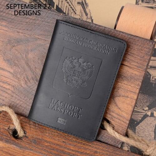 Bilingual Russian Federation Passport Case Men Crazy Horse Leather Passport Cover Women 100% Cowhide Leather Travel Passport Bag