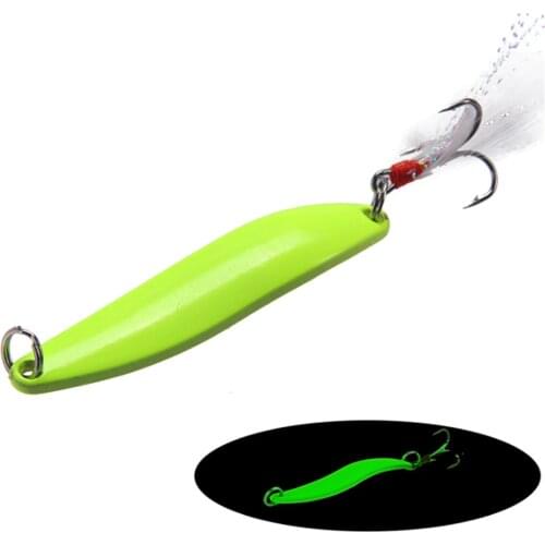 FISHINAPOT 1pcs 5g/7g/10g/13g Metal Luminous Spoon Spinner Fishing Lure Hard Bait with Feather Hook Pesca Wobbler Lure
