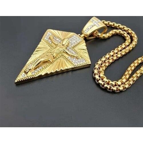 Christian Cross Jesus Triangle Diamond Pendant Womens Necklace New Fashion Metal Religious Accessories Party Jewelry