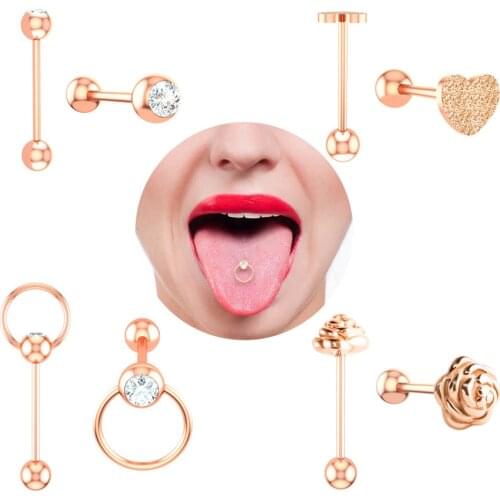 Love Flower Tongue Rings Nipple Piercing Crystal Cube Zirconia Hand Inlay Industrial Barbells Quality Body Jewelry 14G