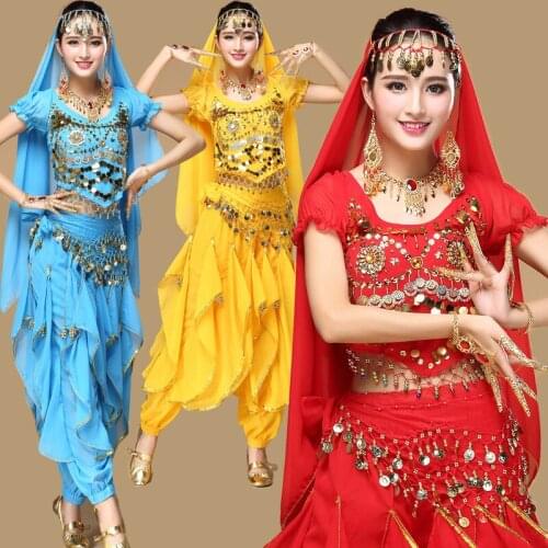 New 4pcs Set Women Belly Dance Costumes for Adult Indian Costume Oriental Bellydance Suit Tribal Belly Stage Dance Costume Pant