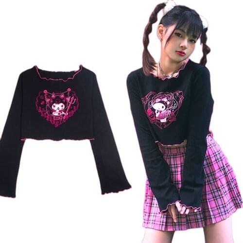 Y2k Heart Crop Top Harajuku Kawaii Long Sleeve T-Shirt Women Sexy Clothing Black Evil Girl Anime Tee Shirt Female Goth Street