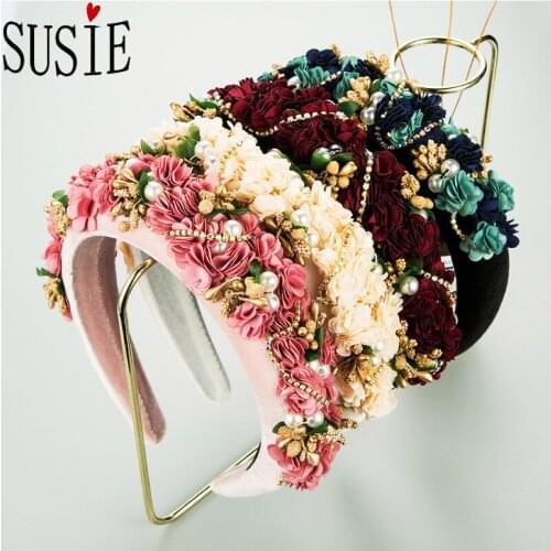 LOVE SUSIE New Women Hairbands Lace Flower Wedding Bridal Headband Elegant Party Hair Accessories Pearl Rhinestone Hair Band