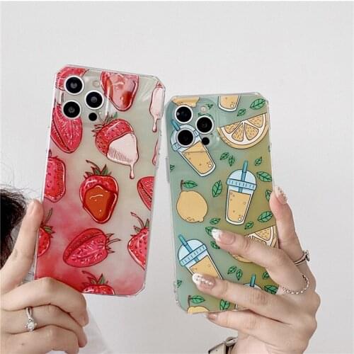 Cute Summer Fruit Lemon Strawberry Phone Case For iPhone 11 12 Pro Max XR 7 XS X SE20 8Plus Gradient Color Soft Clear Cover Capa