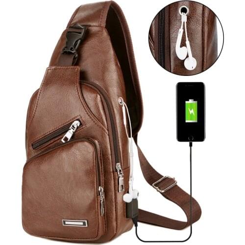 Men Bags with USB Charging Port Chest Bag Small Bag with Headphone Cable Hole Color Brown Black