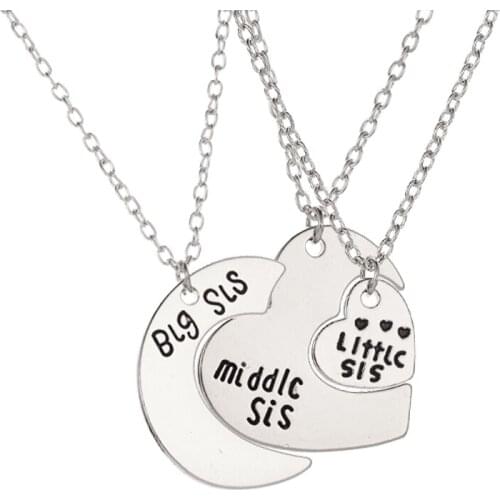3 Pieces/Set Friends Family Jewelry Moon Heart Letters BIG MIDDLE LITTLE SIS Silver Plated Gold Necklaces Set for Women