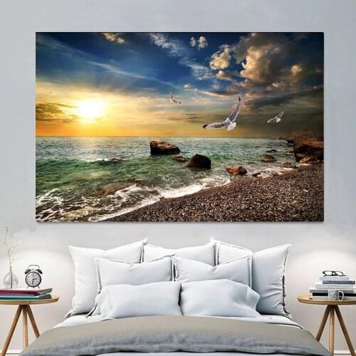 Seagull over the sea mountains boat Canvas Painting Wall Pictures For Living Room Posters Prints Modern Art Home Wall Decor