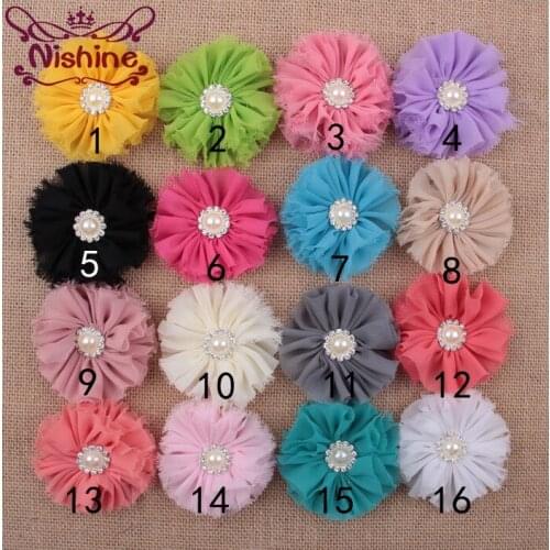 Nishine 30pcs/lot 2.8" Shabby Chiffon Flower With Pearl Rhinestone For Girl Headband Hair Clip DIY Fashion Hair Accessories