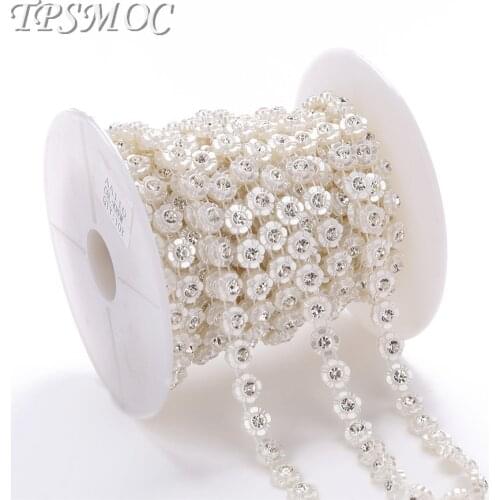 TPSMOC 10yards Sew Trim ABS Flower FlatBack Pearl Rhinestones Chain DIY Jewelry Clothes Material Wedding Decoration pearl chain