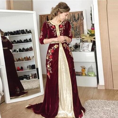 Eightale Caftan Velvet Evening Dress V-Neck Appliques Burgundy Arabic Kaftan Dubai Custom Made Prom Party Gown