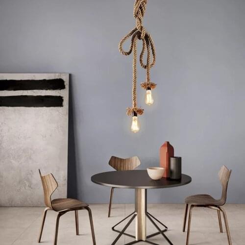Retro Hemp Rope Pendant Lights Industrial Loft Vintage Long Double Heads Rattan Hanging Lamp Restaurant Bar Rope Light