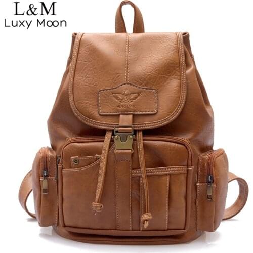 Vintage Women Backpack High Quality Leather School Bags for Teenage Girls Large Drawstring Backpacks Black Brown Rucksack XA50H