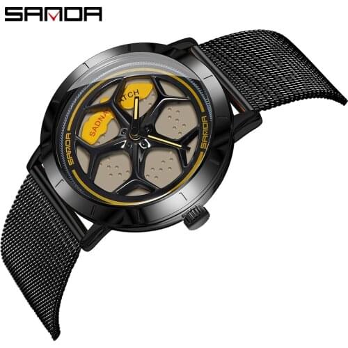 SANDA Luxury Brand Wheel Series Mens Watch 360 Degree Wheel Rotation Creative Quartz Wristwatches Mesh Strap relogio masculino