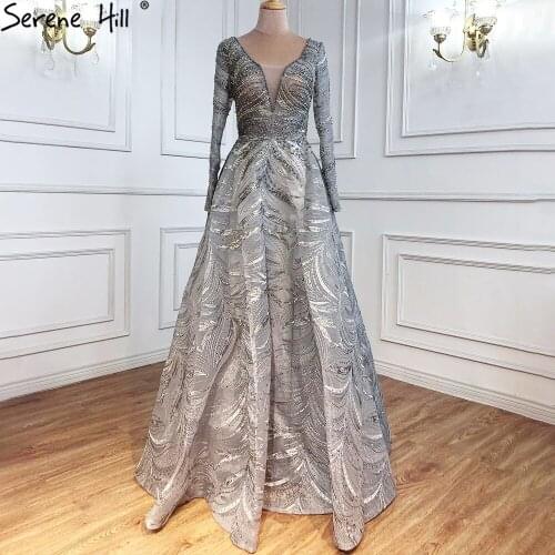 Serene Hill Grey A-Line Luxury Evening Dresses Gowns 2021 Lace Beaded Crystal Sexy For Woman Party LA71171
