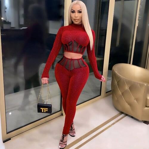 Sexy Glitter Mesh Splice Two Piece Set Women Festival Clothing Sets Crop Top Leggings Pants Suit Bodycon Birthday Club Outfits