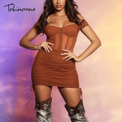 Tobinoone Mesh Solid Summer Dresses For Women Off Shlouder Backless Club Party Dress Ruched Bodycon Mini Dress 2021 Vestidos