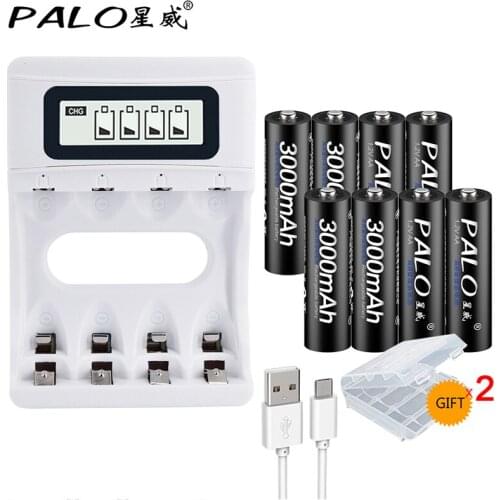 PALO LCD USB Smart Battery Charger for Ni-MH Ni-CD AA AAA Rechargeable Battery+8Pcs 3000mAh Ni-MH 1.2V AA Rechargeable Batteries