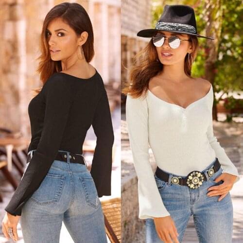 Fashion Womens Long Sleeve Slim Blouse Casual Shirt Summer Stretch Tops Dark V Neck Sexy Pullover Black White
