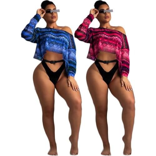 Women Serpentine Print Mesh Beach T-shirt Long Sleeve Skew Collar Off Shoulder Short Tops Sexy Loose Tees Summer All-match Tops