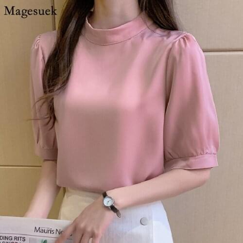 Puff Sleeve Solid Loose Chiffon Blouse Women 2021 Summer Short Sleeve Satin Womens Shirt Stand Collar Casual Shirts Tops 13862