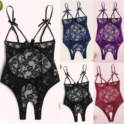 Women Bow Lace Hollow Open Crotch Teddy Bodysuit Backless Jumpsuit Lingerie Lady Sexy Lace Bodysuit Jumpsuit Overalls Body Mujer