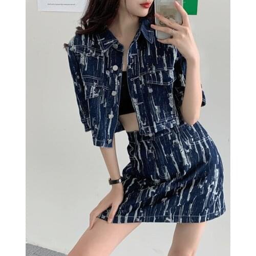 Summer 2021 Women Casual Hole Denim Sets Slim Short Lapel Short Sleeve Coat +mini Jeans A Line Skirt Female Korean 2pcs Suits