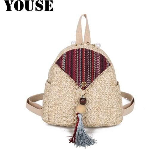 YOUSE Brand New Straw Woven Female Backpack Retro Style Fashion Woven Backpack Trend Simple Tassel Backpack Mini Backpack