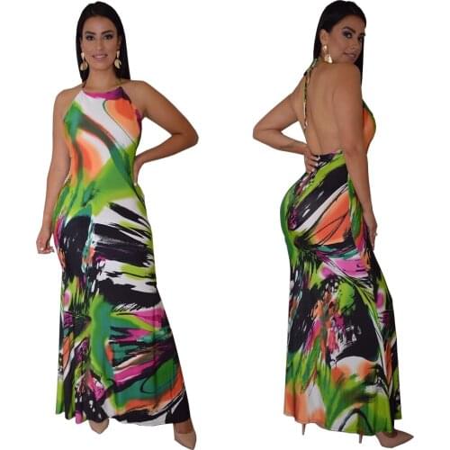 2020 summer sexy women spaghetti strap printing polyester long dress