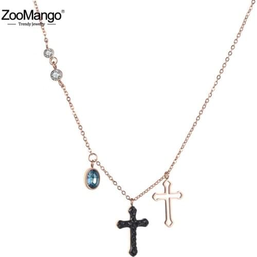 ZooMango Religious Stainless Steel Fashion Charm Necklaces Jewelry Black Crystal Corss Pendant Necklace For Women Girls ZN18271