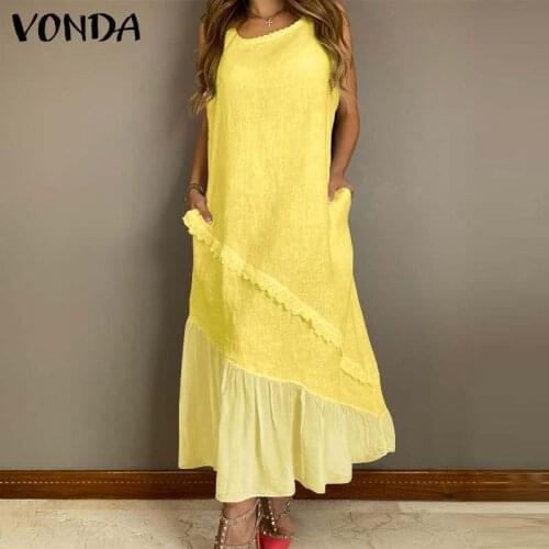 Women Vintage Patchwork Dress 2021 VONDA Bohemian Summer Maxi Dresses Casual Loose Holiday Plain Tank Dress Oversized Robe