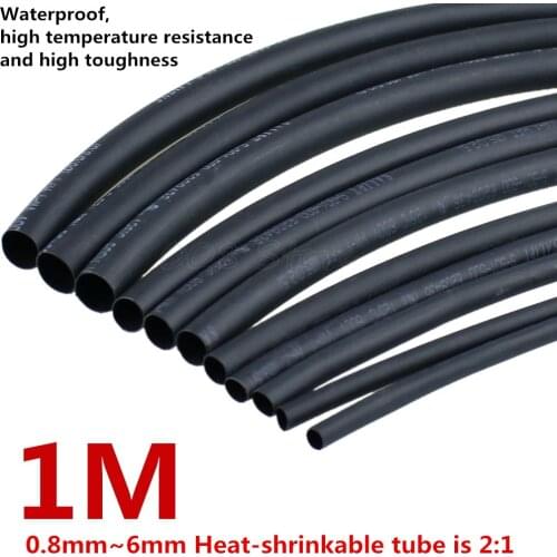 1 METER/LOT 2:1 Black Color 1mm 1.5mm 2mm 2.5mm 3mm 3.5mm 4mm 5mm 6mm Heat Shrink Tubing Tube