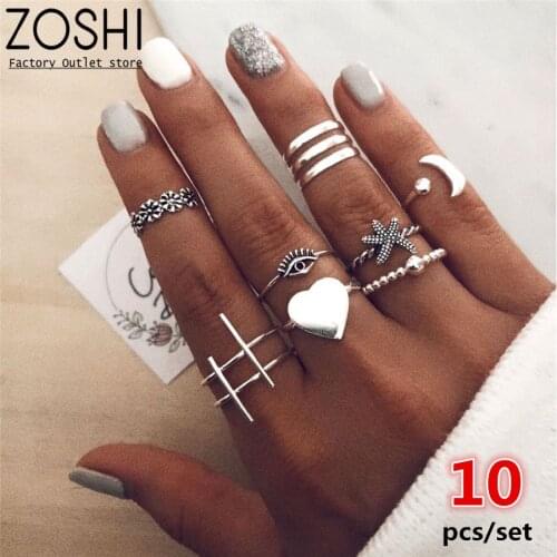 10Pcs/set Silver Plated Ring Set Heart Moon Starfish Charms Flower Eye Geometric Knuckle Finger Rings Crystal Women Fashion Ring