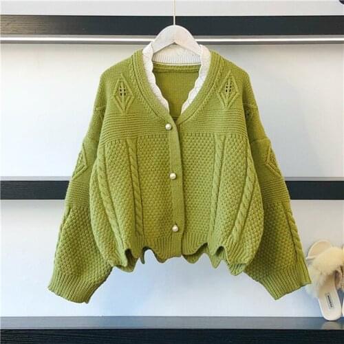 2019 winter new lace patchwork women sweater and cardigans v-neck lace lantern sleeved solid short loose thicken warm lady coats