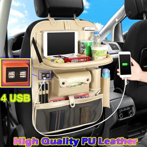 4 USB) High Quality Leather Car Rear Seat Organizer Multi Pocket Car Seat Back Bag Car Travel Organizer with Tray for Children