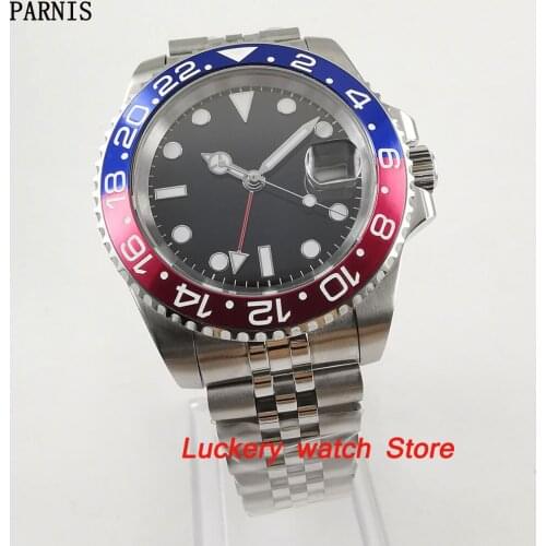 40mm Parnis Blue and red Bezel black dial red GMT luminous marks sapphire glass automatic Mens Watch-PA71