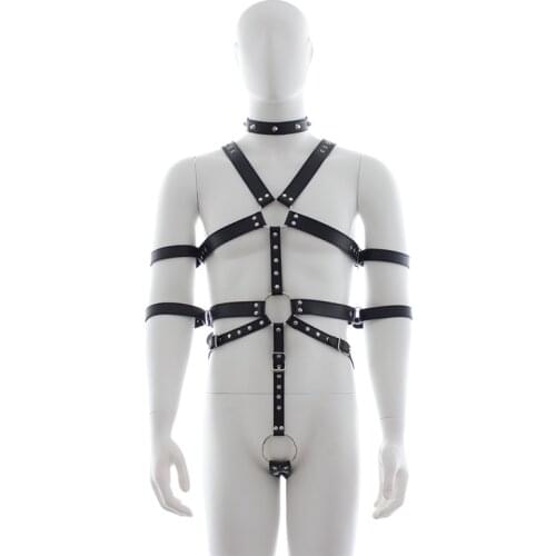 BDSM Gay Clothes Full Body Cockstrap Harness Belts Sexy Male Bondage Leather Tops Fetish Men Chest Harness Straps with Armbinder