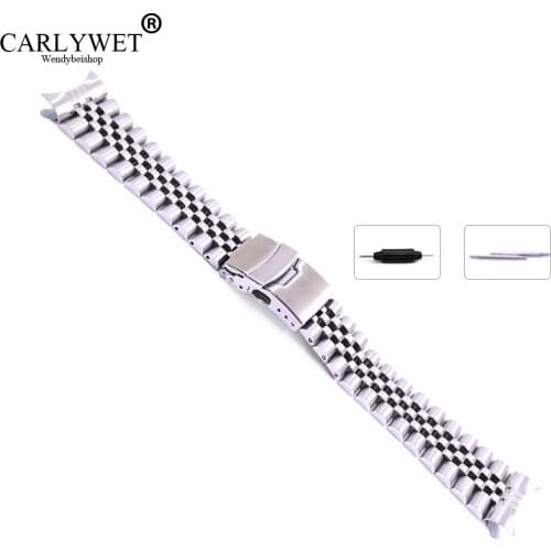 22mm Hollow Curved End Solid Screw Links Stainless Steel Silver Watch Band Strap Old Style Jubilee Bracelet Double Push Clasp