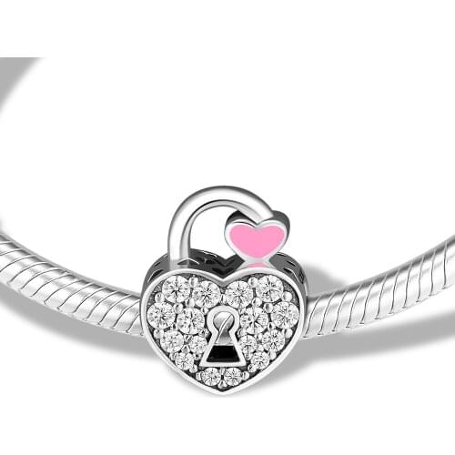 Fits for Pandora Charms Bracelets Padlock Pave Beads with Pink Enamel & Clear CZ 100% 925 Sterling Silver Jewelry Free Shipping