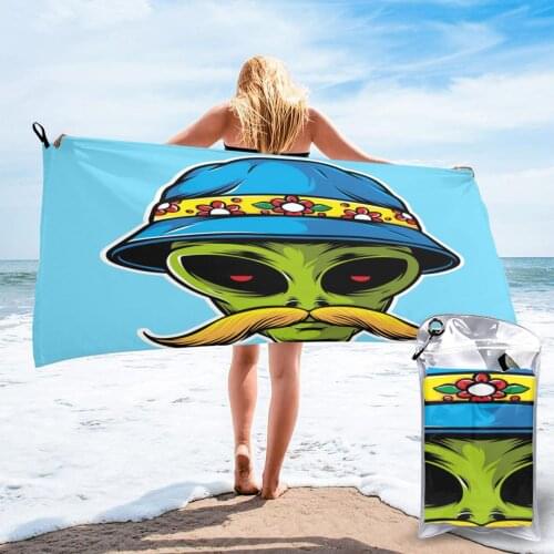 Quick Dry Beach Towel Mustache Alien Wearing Bucket Hat Microfiber Bath Towel Beach Cushion Swimming Sand Free Beach Towel
