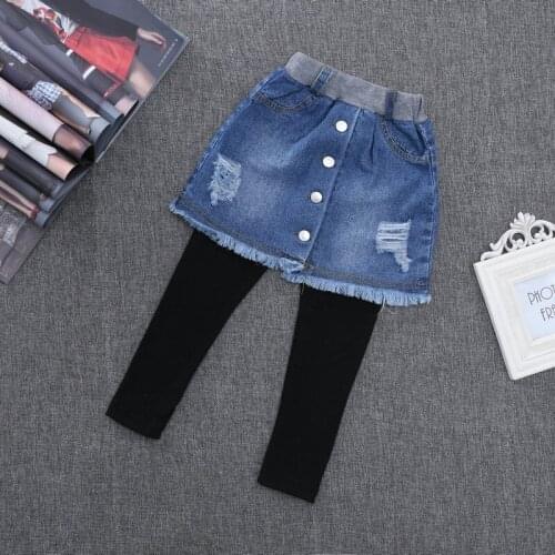 Kids Broken Hole Denim Skirt Pants Girls Cave Jeans 2021 Spring Autumn Children Fashion Leggings With Skirt Baby Girls Clothing