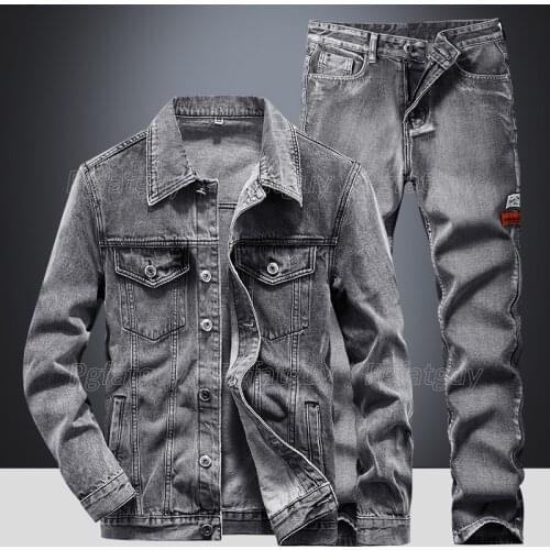 Simple Casual Mens Sets Spring Autumn Solid Color Long Sleeve Denim Jacket and Jeans Fashion Slim Male Two Piece Set M-4XL